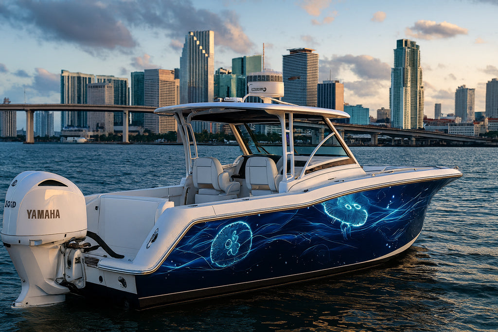 Electric Jellyfish Boat Wrap – Blue Bioluminescent Marine Vinyl | Glowing Ocean Light Design for Yachts & Boats | Premium Custom Wrap by Stickalz vb004