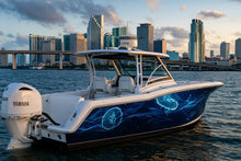Load image into Gallery viewer, Electric Jellyfish Boat Wrap – Blue Bioluminescent Marine Vinyl | Glowing Ocean Light Design for Yachts &amp; Boats | Premium Custom Wrap by Stickalz vb004