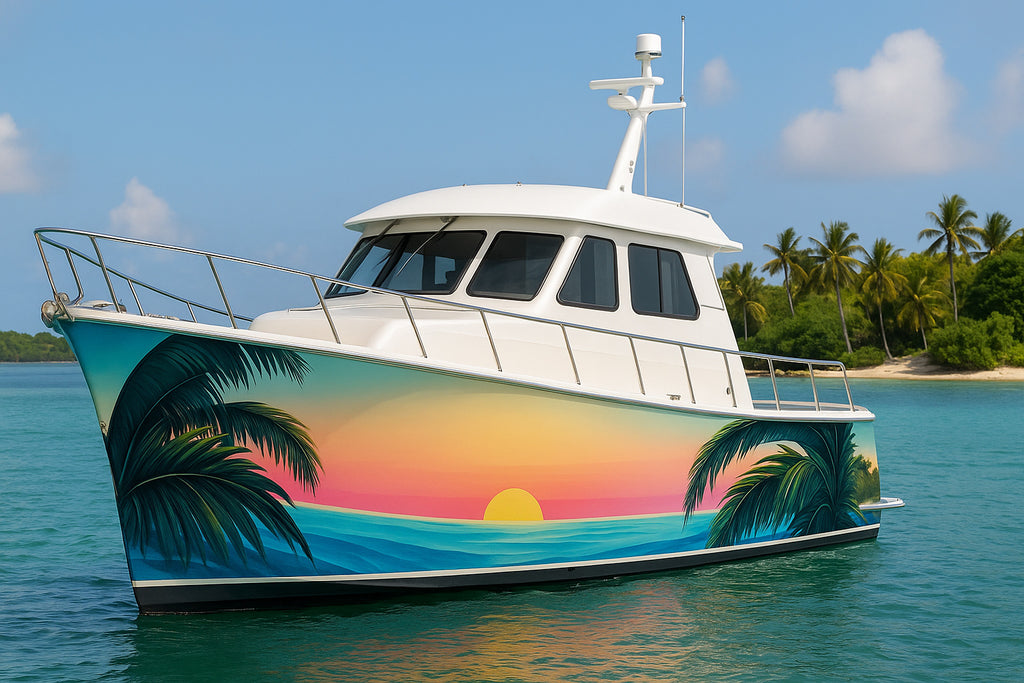 Tropical Sunset Boat Wrap – Palm Tree Ocean Horizon Vinyl | Vibrant Island Paradise Design for Yachts & Boats | Premium Marine Wrap by Stickalz vb005