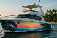 Load image into Gallery viewer, Tropical Sunset Boat Wrap – Palm Tree Ocean Horizon Vinyl | Vibrant Island Paradise Design for Yachts &amp; Boats | Premium Marine Wrap by Stickalz vb005