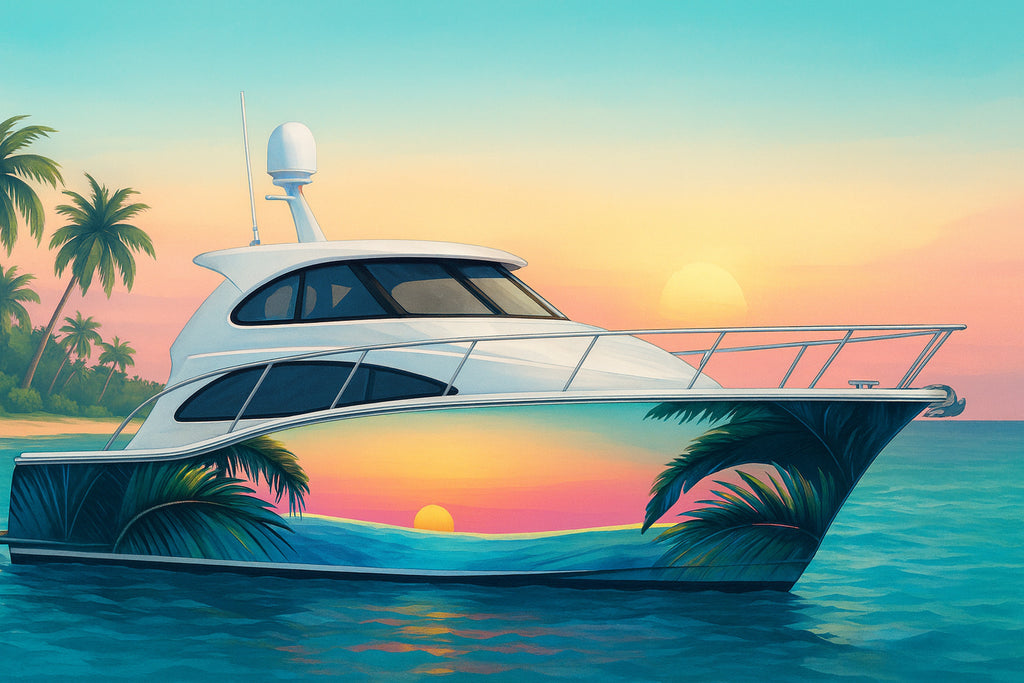 Tropical Sunset Boat Wrap – Palm Tree Ocean Horizon Vinyl | Vibrant Island Paradise Design for Yachts & Boats | Premium Marine Wrap by Stickalz vb005