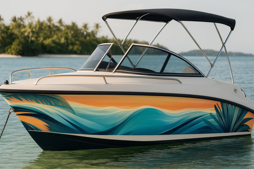 Tropical Wave Boat Wrap – Teal Blue & Sunset Orange Vinyl | Palm Coast Marine Design for Yachts & Boats | Premium Custom Wrap by Stickalz vb006