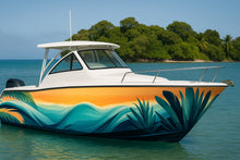 Load image into Gallery viewer, Tropical Wave Boat Wrap – Teal Blue &amp; Sunset Orange Vinyl | Palm Coast Marine Design for Yachts &amp; Boats | Premium Custom Wrap by Stickalz vb006