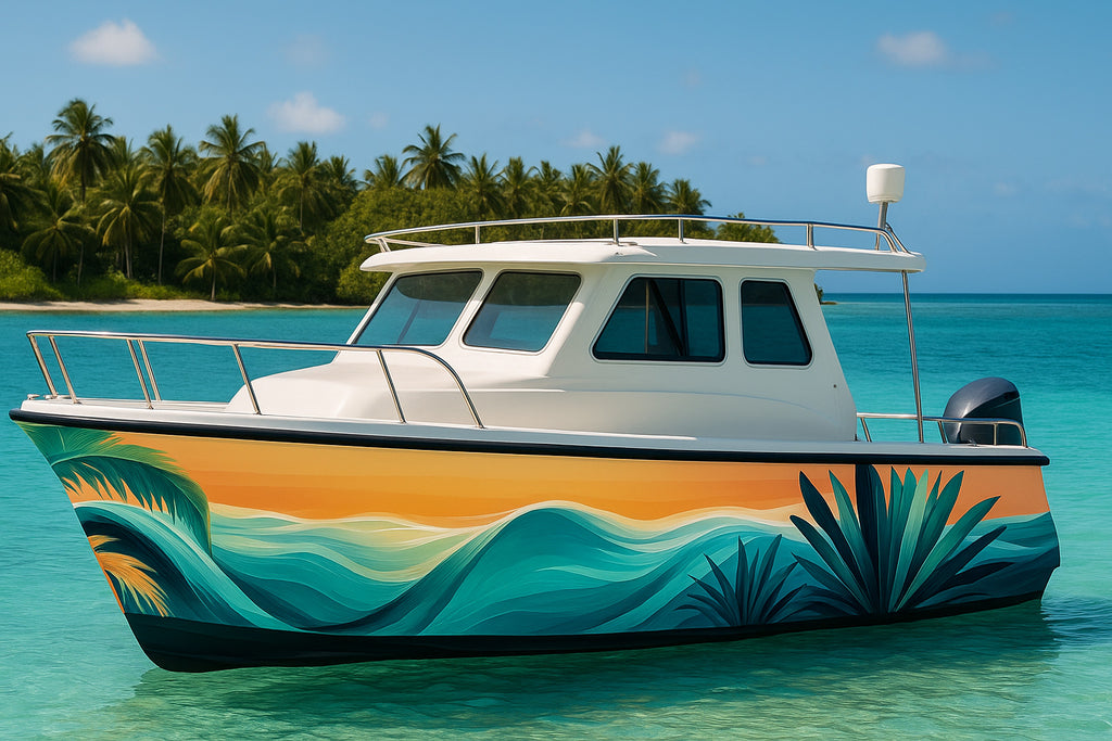 Tropical Wave Boat Wrap – Teal Blue & Sunset Orange Vinyl | Palm Coast Marine Design for Yachts & Boats | Premium Custom Wrap by Stickalz vb006