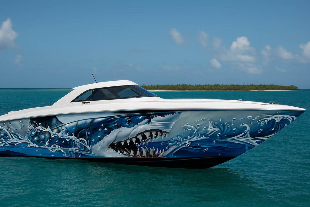 Predator Shark Boat Wrap – Deep Sea Hunter Vinyl Graphic | Realistic Ocean Attack Design for Speedboats & Yachts | Premium Marine Wrap by Stickalz vb007