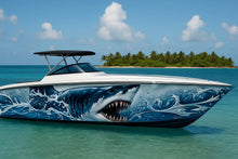 Load image into Gallery viewer, Predator Shark Boat Wrap – Deep Sea Hunter Vinyl Graphic | Realistic Ocean Attack Design for Speedboats &amp; Yachts | Premium Marine Wrap by Stickalz vb007