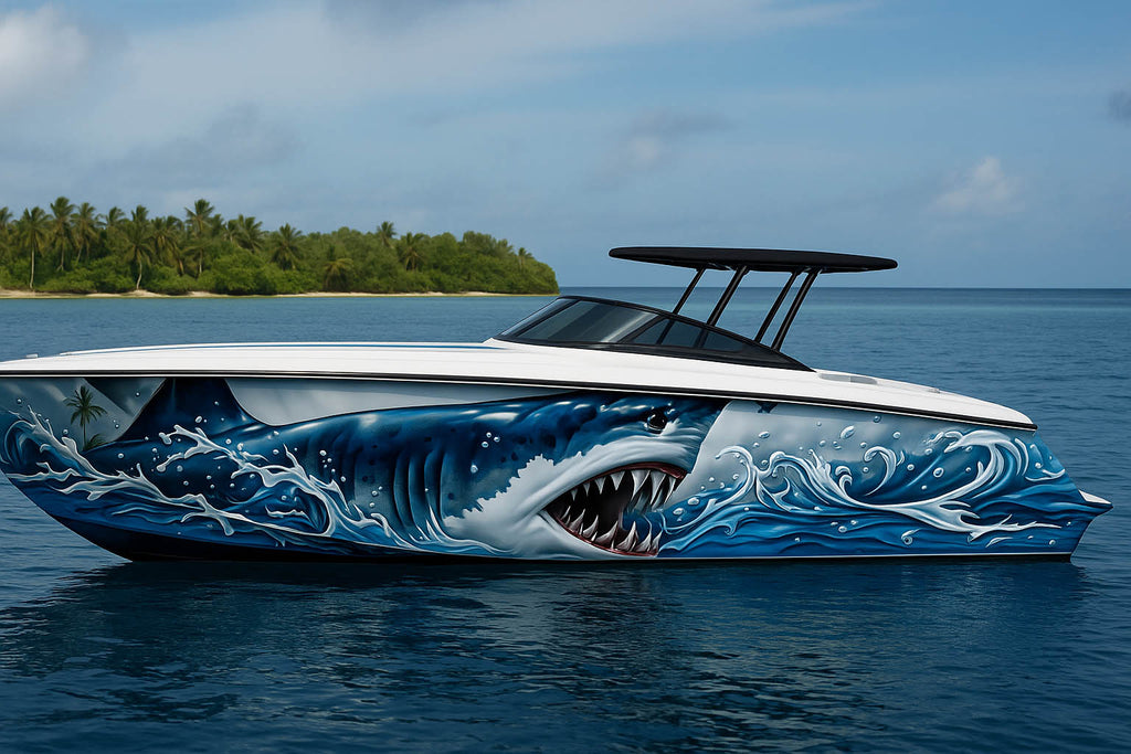 Predator Shark Boat Wrap – Deep Sea Hunter Vinyl Graphic | Realistic Ocean Attack Design for Speedboats & Yachts | Premium Marine Wrap by Stickalz vb007