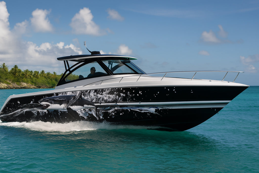 Great White Shark Boat Wrap – Ocean Predator Vinyl Graphic | Realistic Shark & Splash Design for Sport Boats & Yachts | Premium Marine Wrap by Stickalz vb008