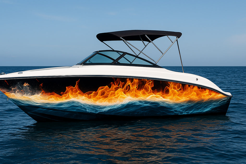 Fire And Water Boat Wrap – Fiery Ocean Vinyl Wrap For Sport Boat – Marine Grade Boat Decal – Full Side Graphic – Custom Water And Flame Boat Wrap vb009