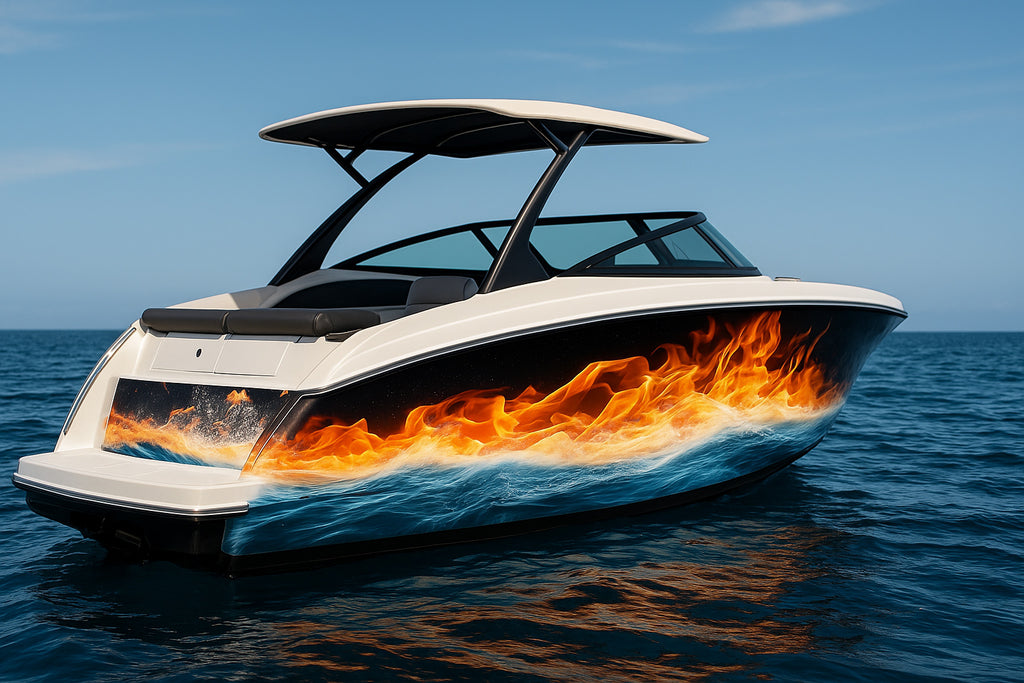 Fire And Water Boat Wrap – Fiery Ocean Vinyl Wrap For Sport Boat – Marine Grade Boat Decal – Full Side Graphic – Custom Water And Flame Boat Wrap vb009