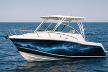 Load image into Gallery viewer, Electric Ocean Lightning Boat Wrap – Blue Storm Vinyl Wrap – Marine Grade Boat Decal – Full Side Graphic Wrap – Custom Thunder And Wave Boat Design vb011