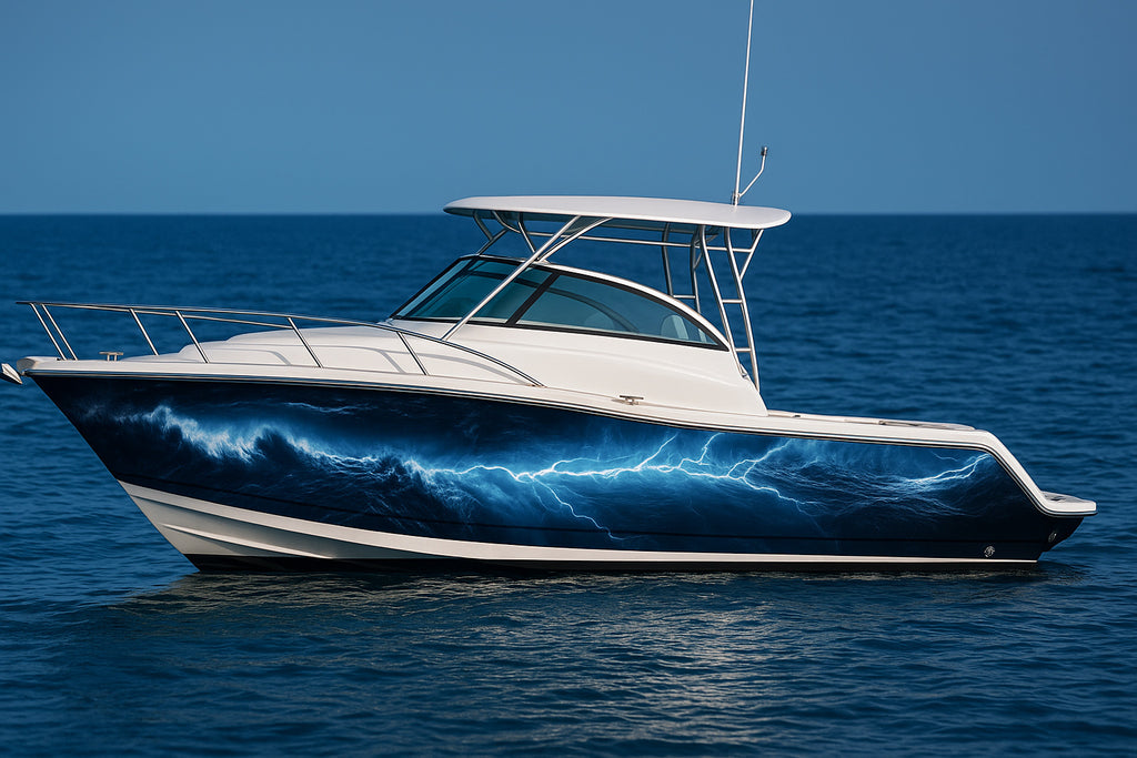 Electric Ocean Lightning Boat Wrap – Blue Storm Vinyl Wrap – Marine Grade Boat Decal – Full Side Graphic Wrap – Custom Thunder And Wave Boat Design vb011