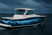 Load image into Gallery viewer, Electric Ocean Lightning Boat Wrap – Blue Storm Vinyl Wrap – Marine Grade Boat Decal – Full Side Graphic Wrap – Custom Thunder And Wave Boat Design vb011