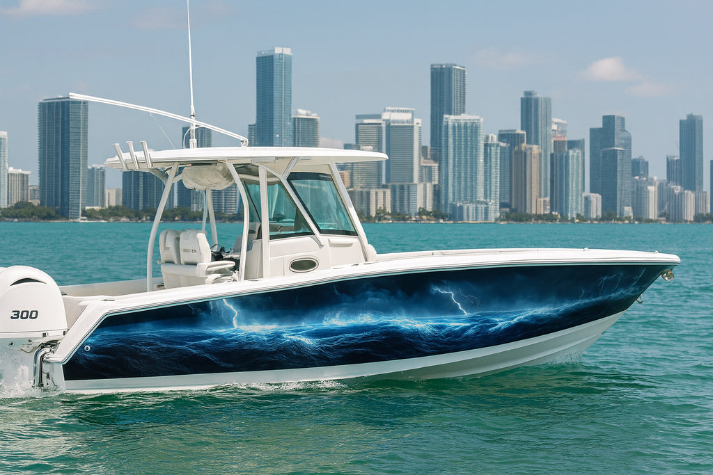 Blue Lightning Storm Boat Wrap – Electric Ocean Vinyl Wrap – Marine Grade Boat Decal – Full Side Graphic Wrap – Custom Thunder And Wave Boat Design vb012