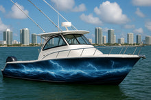Load image into Gallery viewer, Blue Lightning Storm Boat Wrap – Electric Ocean Vinyl Wrap – Marine Grade Boat Decal – Full Side Graphic Wrap – Custom Thunder And Wave Boat Design vb012