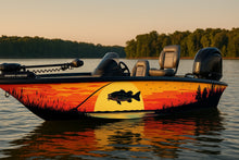 Load image into Gallery viewer, Sunset Bass Fishing Boat Wrap – Lake Scene Vinyl Wrap – Marine Grade Boat Decal – Custom Full Side Fishing Wrap – Bass And Sunset Water Design vb013