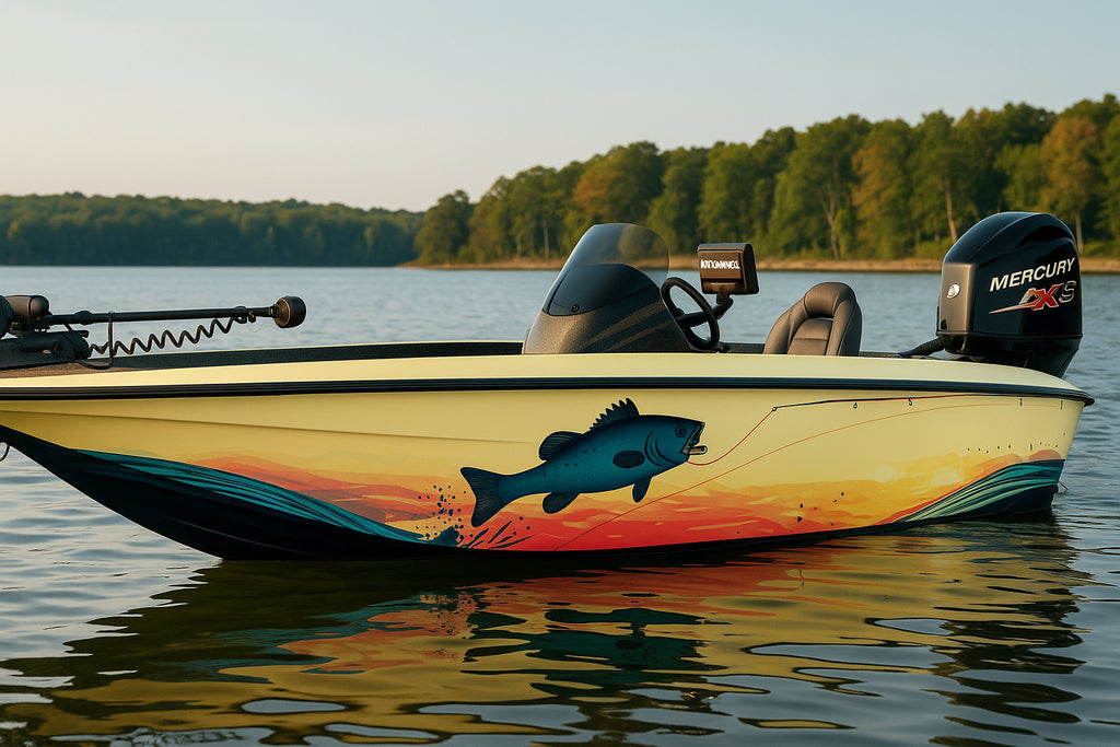 Vibrant Bass Splash Boat Wrap – Color Wave Fishing Vinyl Wrap – Marine Grade Boat Decal – Custom Full Side Graphic Wrap – Bass Fishing Boat Design vb014