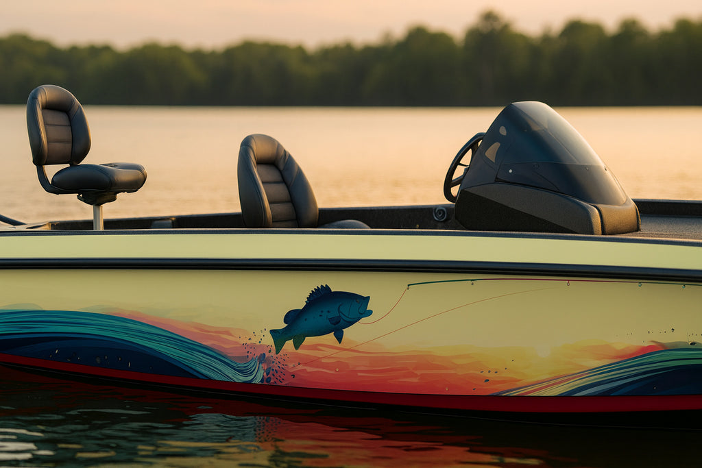 Vibrant Bass Splash Boat Wrap – Color Wave Fishing Vinyl Wrap – Marine Grade Boat Decal – Custom Full Side Graphic Wrap – Bass Fishing Boat Design vb014