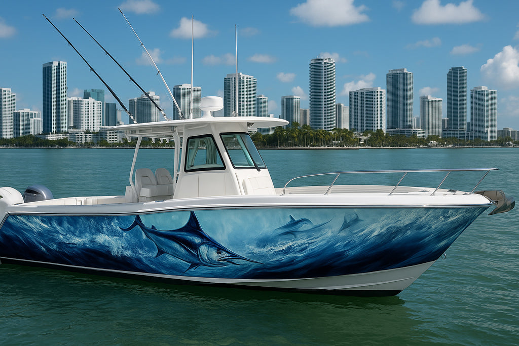 Blue Marlin Ocean Boat Wrap – Deep Sea Fishing Vinyl Wrap – Marine Grade Boat Decal – Custom Full Side Graphic Wrap – Ocean Wave Marlin Design vb015