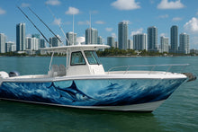 Load image into Gallery viewer, Blue Marlin Ocean Boat Wrap – Deep Sea Fishing Vinyl Wrap – Marine Grade Boat Decal – Custom Full Side Graphic Wrap – Ocean Wave Marlin Design vb015