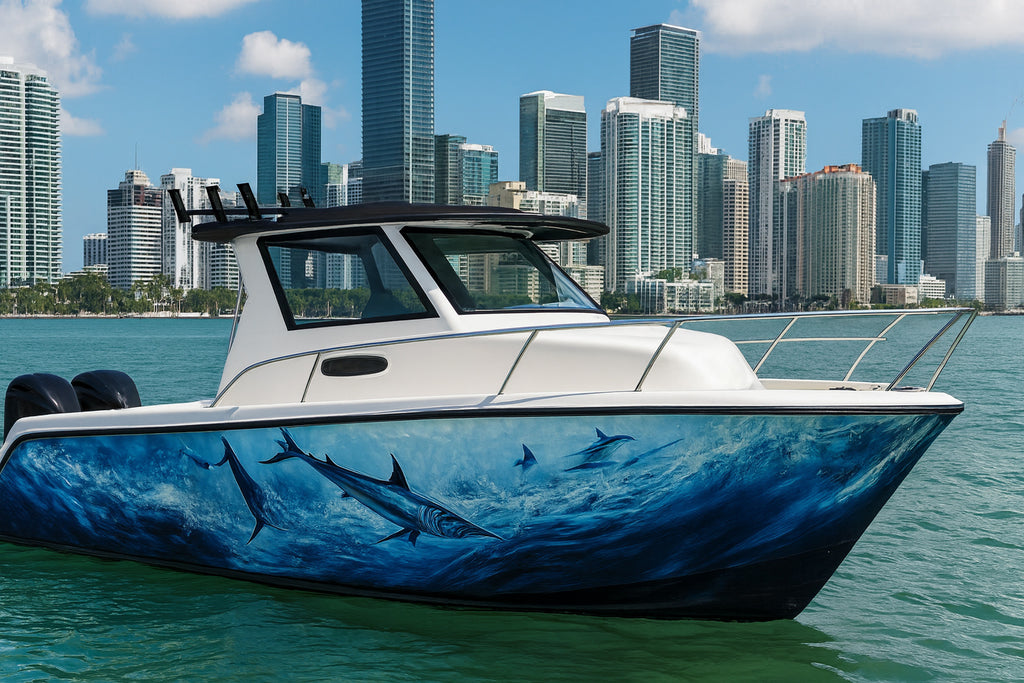 Blue Marlin Ocean Boat Wrap – Deep Sea Fishing Vinyl Wrap – Marine Grade Boat Decal – Custom Full Side Graphic Wrap – Ocean Wave Marlin Design vb015