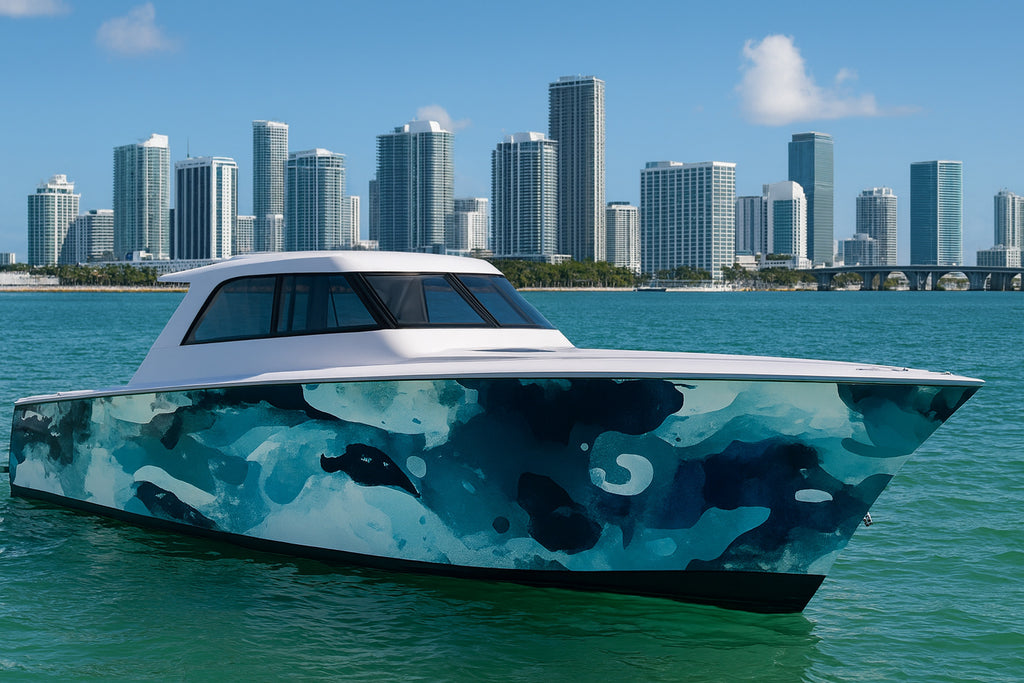 Aqua Camo Ocean Boat Wrap – Blue Water Camouflage Vinyl Wrap – Marine Grade Boat Decal – Custom Full Side Wrap – Abstract Sea Pattern Design vb016
