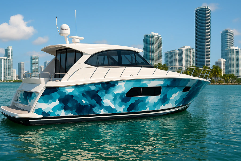 Aqua Camo Ocean Boat Wrap – Blue Water Camouflage Vinyl Wrap – Marine Grade Boat Decal – Custom Full Side Wrap – Abstract Sea Pattern Design vb016