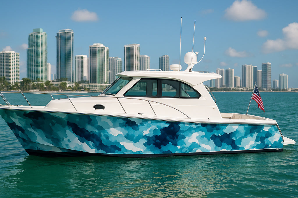 Aqua Camo Ocean Boat Wrap – Blue Water Camouflage Vinyl Wrap – Marine Grade Boat Decal – Custom Full Side Wrap – Abstract Sea Pattern Design vb016
