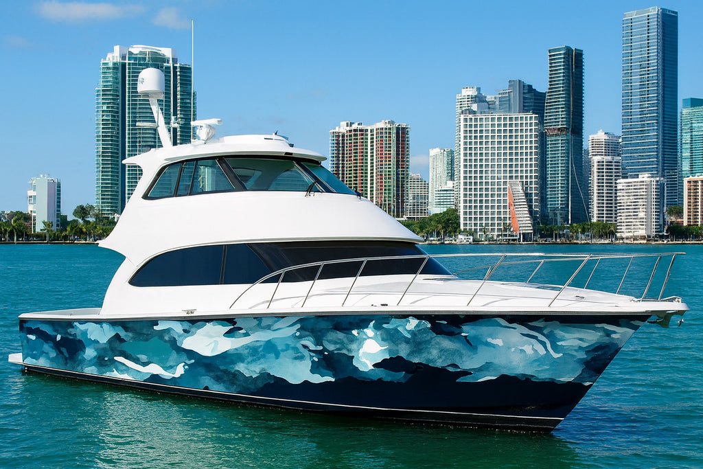 Blue Camo Marine Boat Wrap – Ocean Camouflage Vinyl Wrap – Marine Grade Boat Decal – Custom Full Side Graphic Wrap – Abstract Blue Water Design vb017