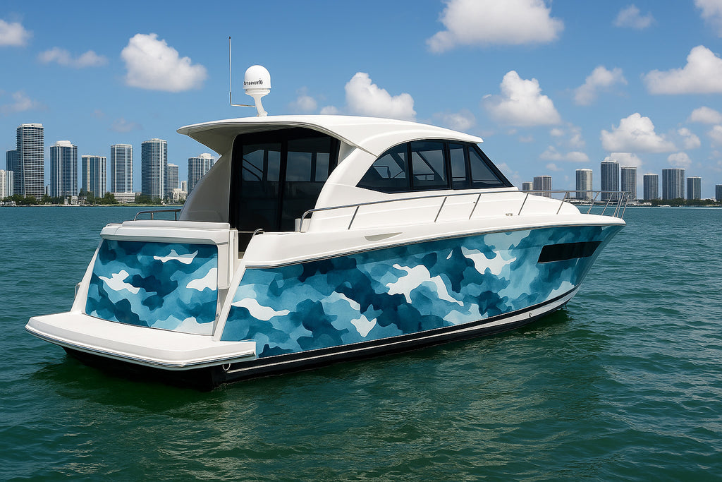 Blue Camo Marine Boat Wrap – Ocean Camouflage Vinyl Wrap – Marine Grade Boat Decal – Custom Full Side Graphic Wrap – Abstract Blue Water Design vb017