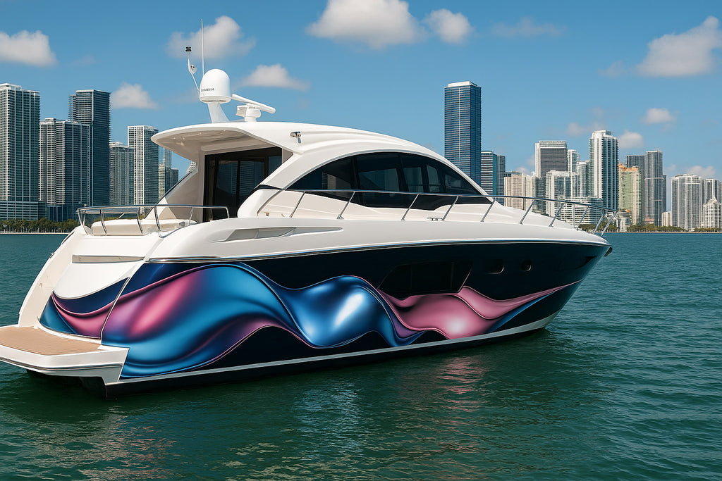 Metallic Wave Fusion Boat Wrap – Blue And Magenta 3D Vinyl Wrap – Marine Grade Boat Decal – Custom Full Side Graphic Wrap – Luxury Wave Design vb018