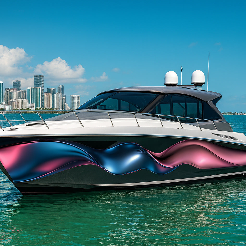 Metallic Wave Fusion Boat Wrap – Blue And Magenta 3D Vinyl Wrap – Marine Grade Boat Decal – Custom Full Side Graphic Wrap – Luxury Wave Design vb018