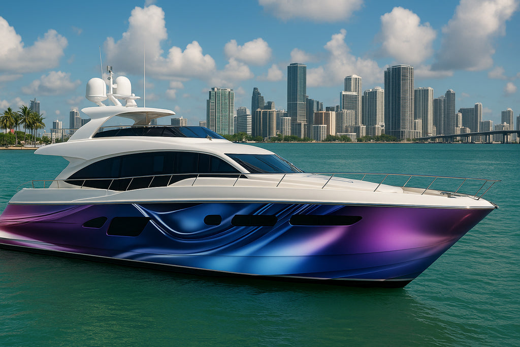 Electric Wave Spectrum Boat Wrap – Blue And Purple Metallic Vinyl Wrap – Marine Grade Boat Decal – Custom Full Side Graphic Wrap – 3D Luxury Design vb019