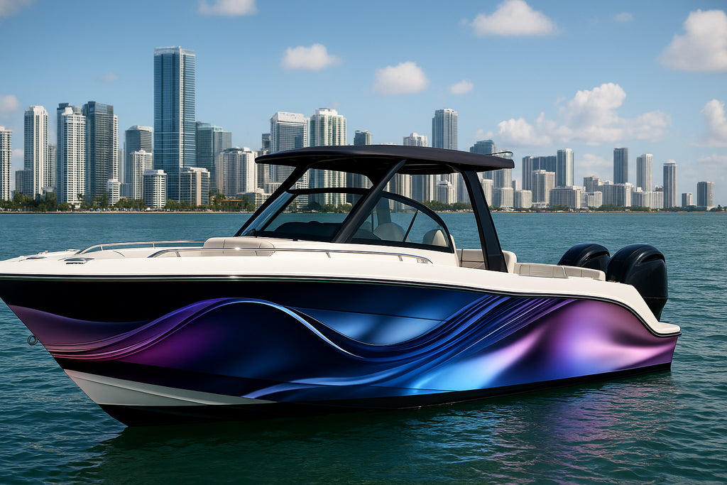 Electric Wave Spectrum Boat Wrap – Blue And Purple Metallic Vinyl Wrap – Marine Grade Boat Decal – Custom Full Side Graphic Wrap – 3D Luxury Design vb019