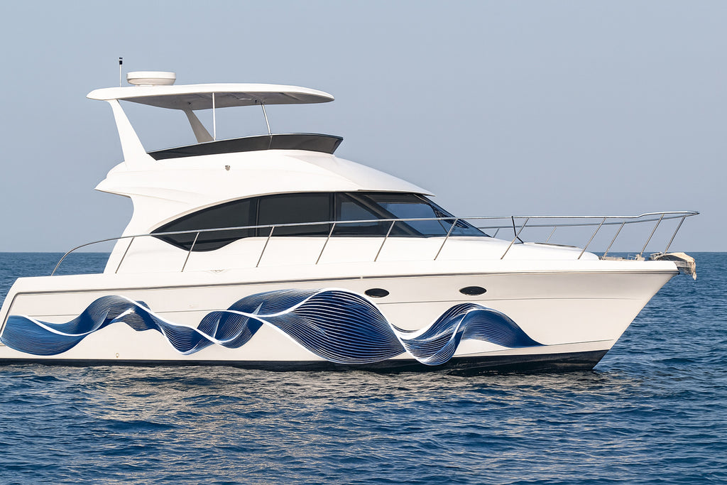 Ocean Line Flow Boat Wrap – Blue And White Wave Vinyl Wrap – Marine Grade Boat Decal – Custom Full Side Graphic Wrap – Modern Ocean Line Design vb020