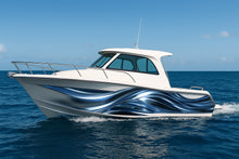 Load image into Gallery viewer, Chrome Ocean Motion Boat Wrap – Silver And Blue Metallic Vinyl Wrap – Marine Grade Boat Decal – Custom Full Side Graphic Wrap – Liquid Metal Design vb021