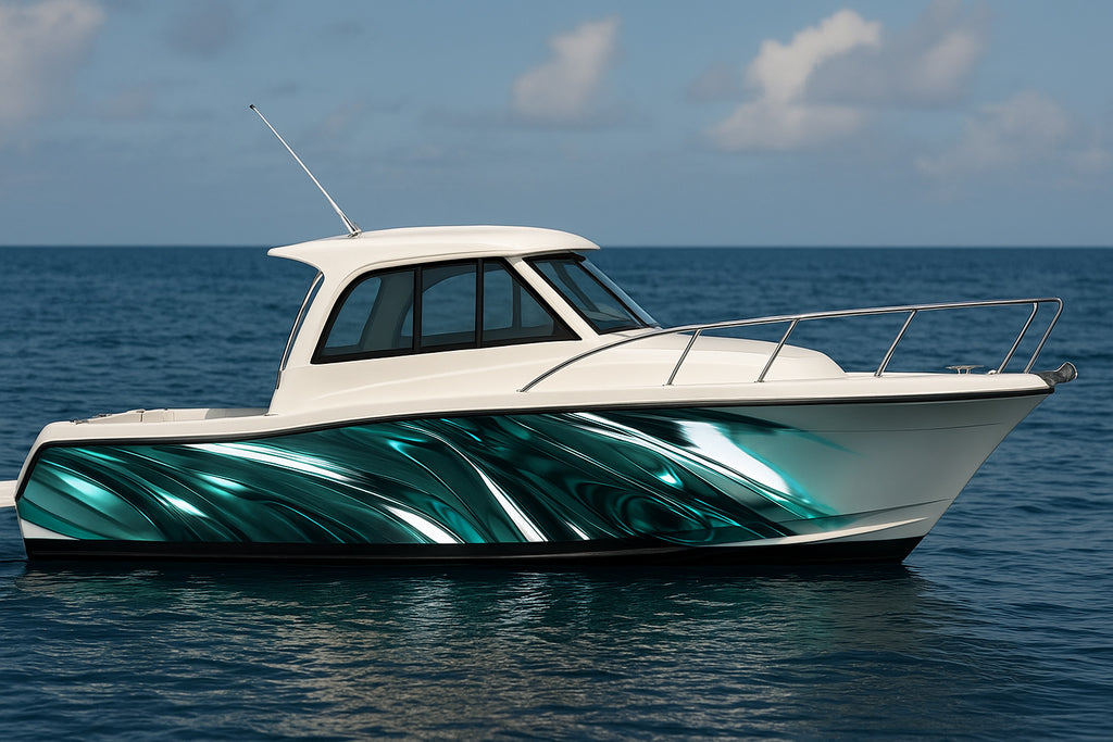 Emerald Liquid Flow Boat Wrap – Metallic Green And Silver Vinyl Wrap – Marine Grade Boat Decal – Custom Full Side Graphic Wrap – Luxury Glossy Design vb022