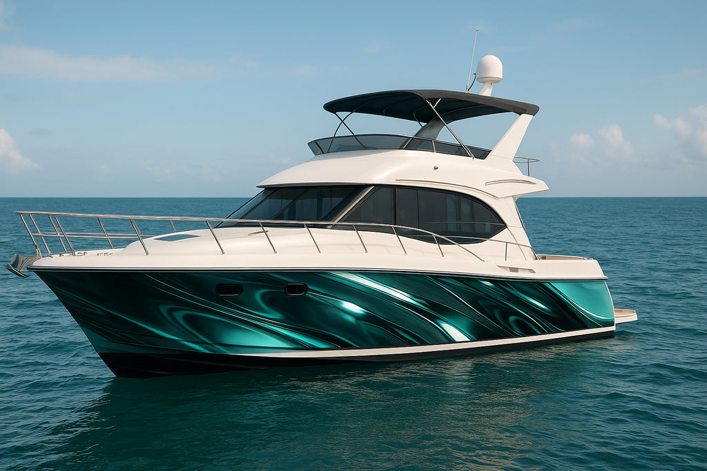 Emerald Liquid Flow Boat Wrap – Metallic Green And Silver Vinyl Wrap – Marine Grade Boat Decal – Custom Full Side Graphic Wrap – Luxury Glossy Design vb022
