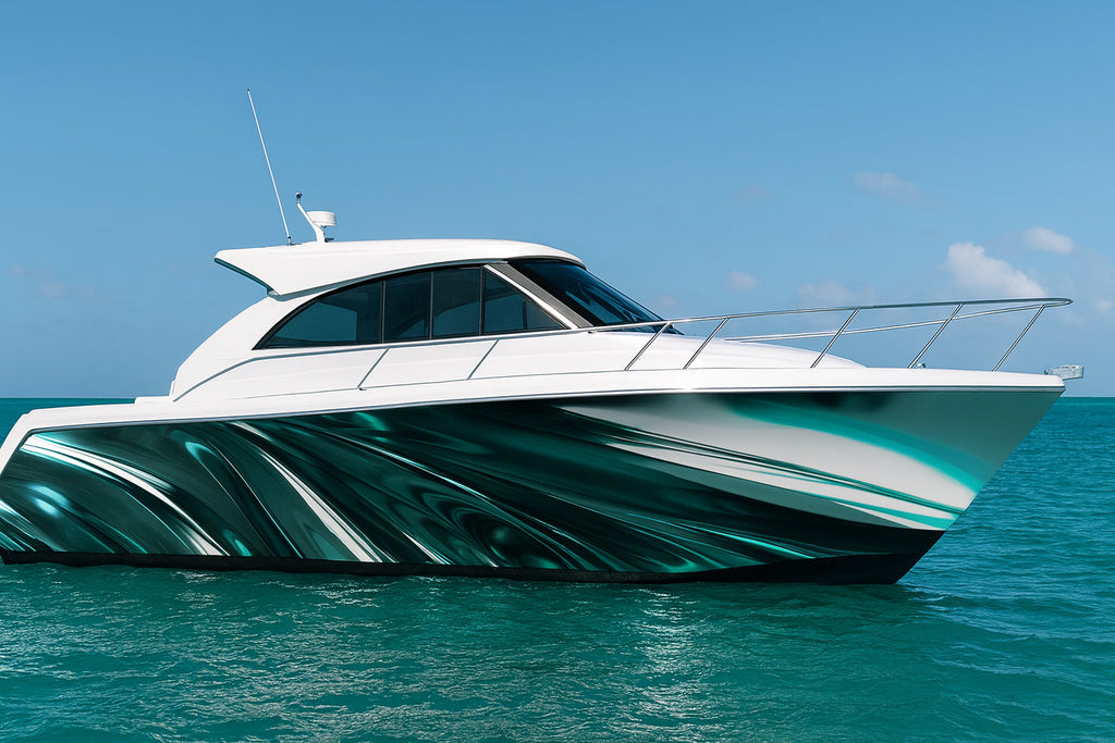 Emerald Liquid Flow Boat Wrap – Metallic Green And Silver Vinyl Wrap – Marine Grade Boat Decal – Custom Full Side Graphic Wrap – Luxury Glossy Design vb022