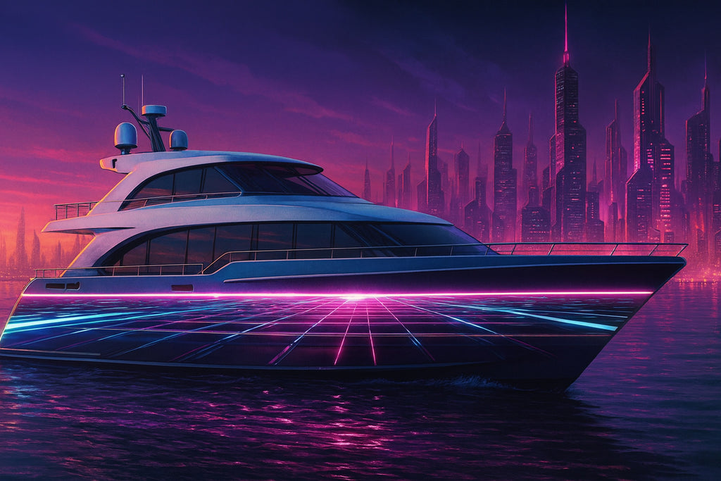 Neon Grid Horizon Boat Wrap – Futuristic Cyberpunk Vinyl Wrap – Marine Grade Boat Decal – Custom Full Side Wrap – Pink Blue Glow Retro Wave Design vb023