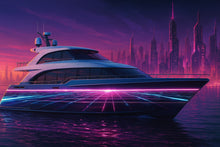 Load image into Gallery viewer, Neon Grid Horizon Boat Wrap – Futuristic Cyberpunk Vinyl Wrap – Marine Grade Boat Decal – Custom Full Side Wrap – Pink Blue Glow Retro Wave Design vb023