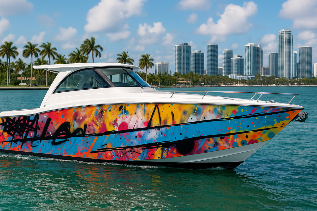Urban Splash Graffiti Boat Wrap – Street Art Vinyl Wrap – Marine Grade Boat Decal – Custom Full Side Wrap – Colorful Abstract Paint Splash Design vb024