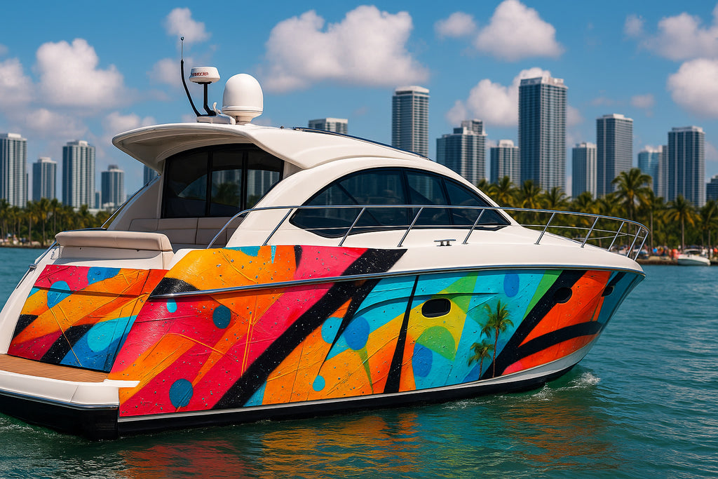 Miami Pop Abstract Boat Wrap – Colorful Geometric Vinyl Wrap – Marine Grade Boat Decal – Custom Full Side Wrap – Modern Art-Inspired Design vb025