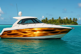 Golden Tide Boat Wrap – Metallic Gold Water Vinyl Wrap – Marine Grade Boat Decal – Custom Full Side Wrap – Glossy Wave Reflection Design vb027
