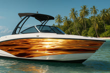 Load image into Gallery viewer, Golden Tide Boat Wrap – Metallic Gold Water Vinyl Wrap – Marine Grade Boat Decal – Custom Full Side Wrap – Glossy Wave Reflection Design vb027