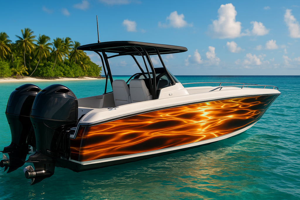 Golden Tide Boat Wrap – Metallic Gold Water Vinyl Wrap – Marine Grade Boat Decal – Custom Full Side Wrap – Glossy Wave Reflection Design vb027