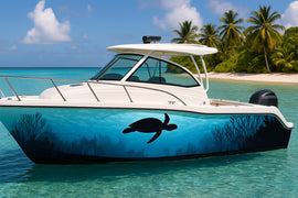 Sea Turtle Reef Boat Wrap – Ocean Marine Vinyl Wrap – Underwater Coral Reef Design – Custom Boat Decal – Full Side Wrap in Blue Gradient vb028