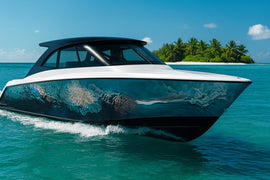 Coral Depths Boat Wrap – Realistic Underwater Reef Vinyl Wrap – Marine Grade Boat Decal – Custom Full Side Wrap – Ocean Coral Design Blue Gradient vb030
