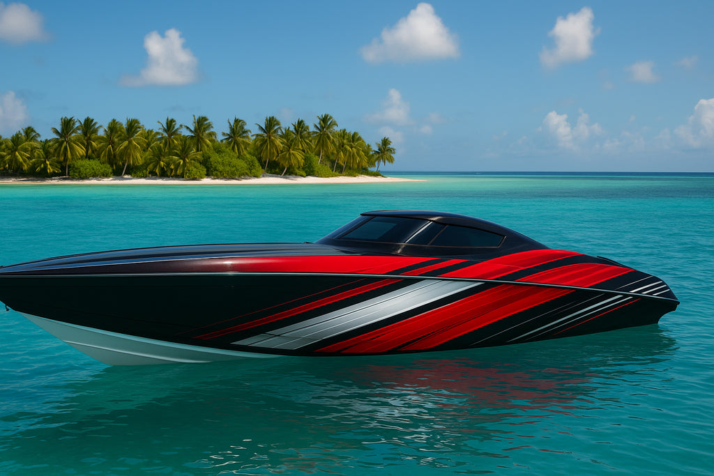 Red Velocity Boat Wrap – Modern Racing Stripe Vinyl Wrap – Marine Grade Boat Decal – Custom Full Side Wrap – Red Black Silver Speed Design vb031