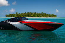 Load image into Gallery viewer, Red Velocity Boat Wrap – Modern Racing Stripe Vinyl Wrap – Marine Grade Boat Decal – Custom Full Side Wrap – Red Black Silver Speed Design vb031